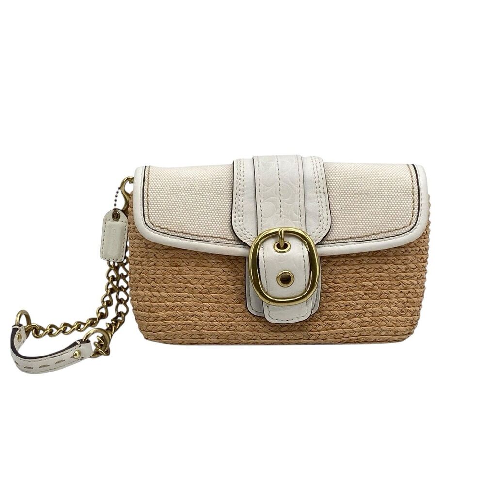 Coach Straw Wristlet Clutch White Gold Leather Turn‎ Buckle